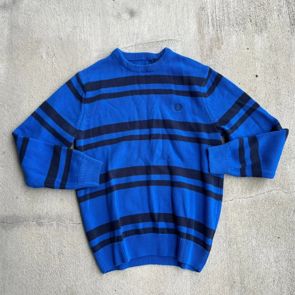 Chaps Mens Blue Navy Striped‎ Crew Neck Pullover Sweater Size Medium